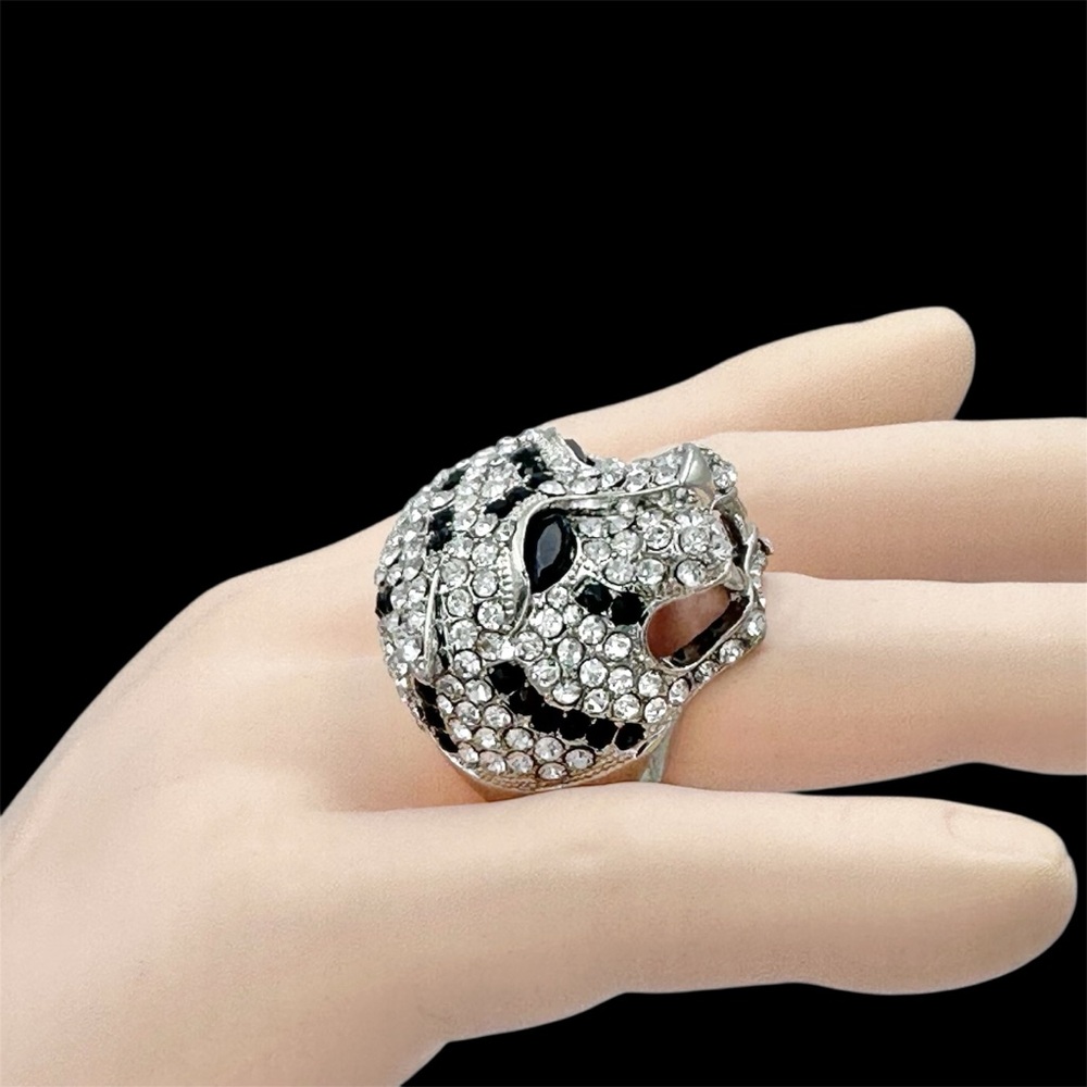 Large Tiger Face Rhinestone Cocktail Stretch Ring - Picture 3 of 7